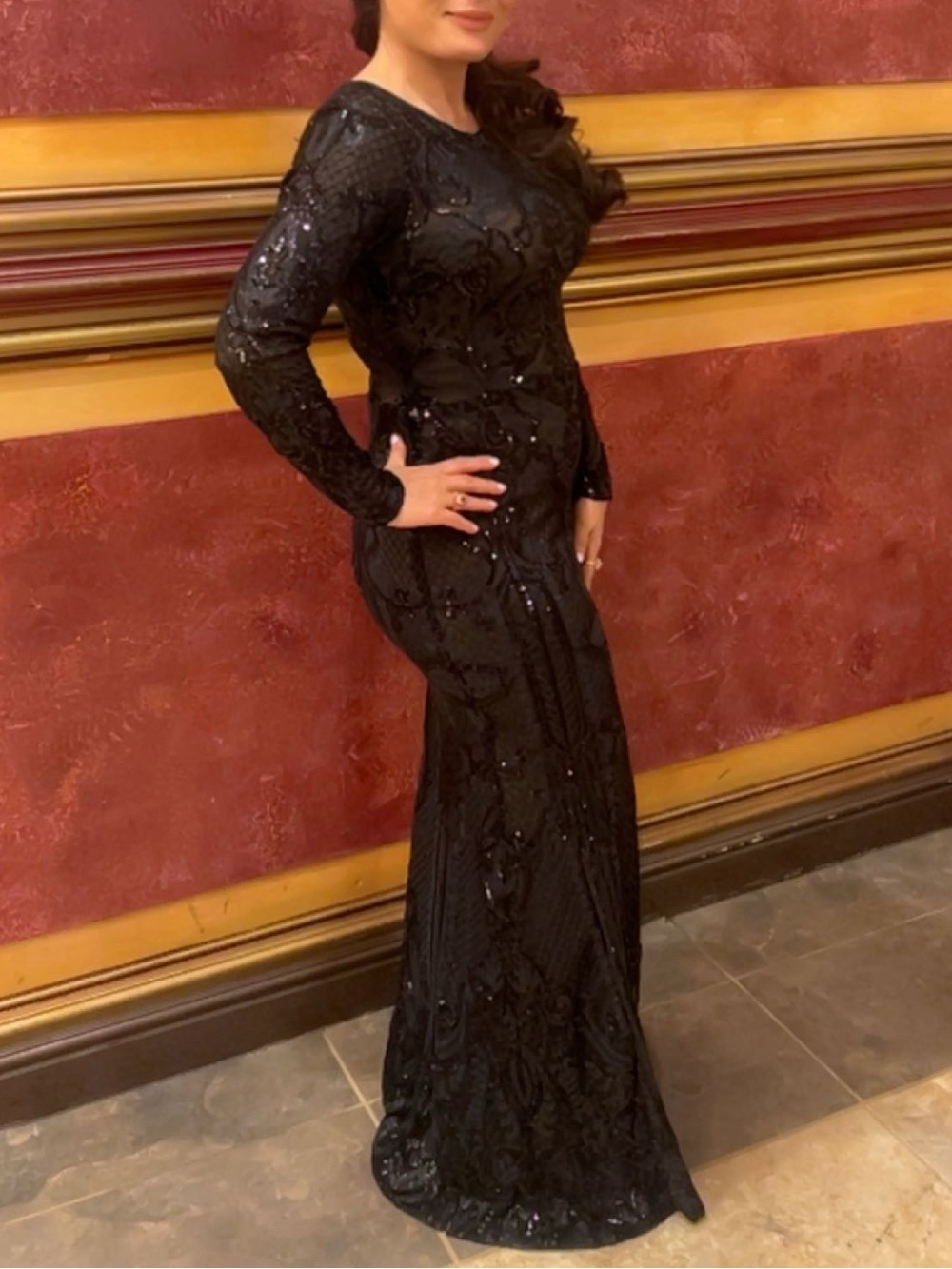 Betsy & Adam Black Long-Sleeve Sequin Gown
